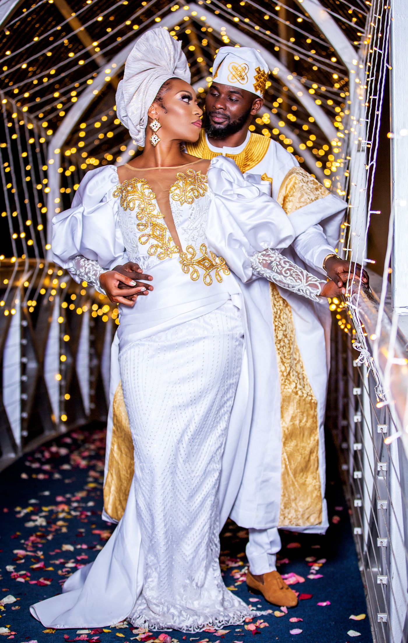 African bride and groom in elegant traditional wedding attire